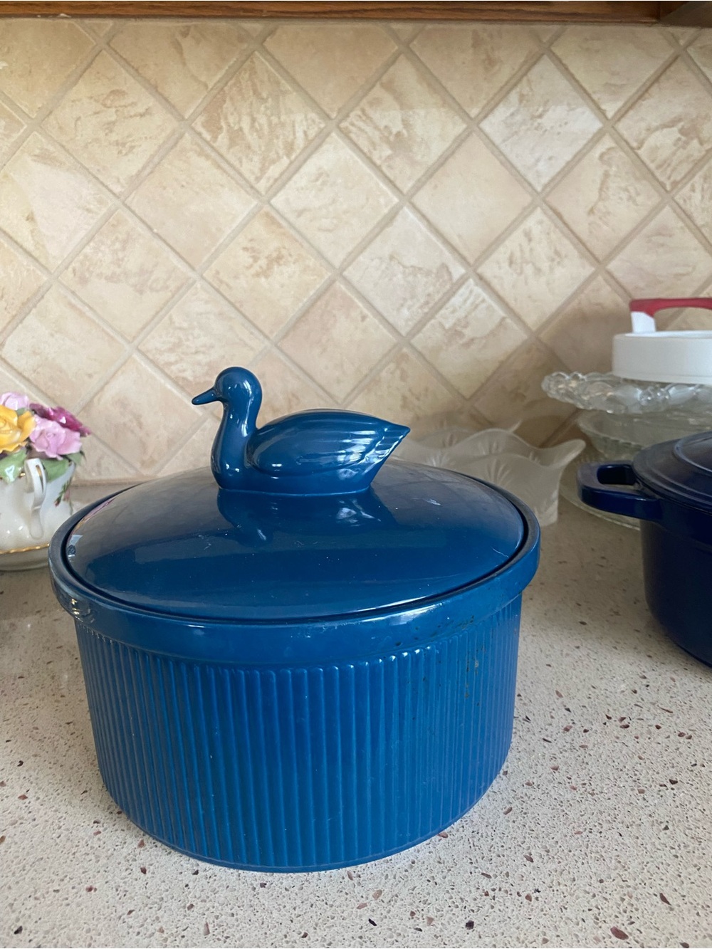 Martha Stewart Blue Ceramic Covered Casserole with Swan Handle